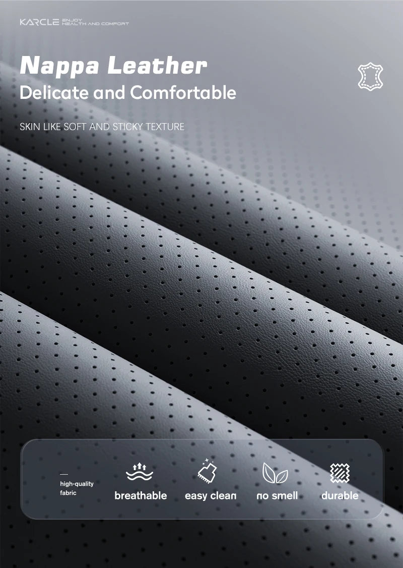 Close-up of black Nappa leather seat covers showing a textured surface and features like breathable, easy clean, and durable.