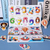 A set of wooden alphabet and number peg puzzles for toddlers featuring various counting and letter combinations.