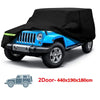 Black all-weather outdoor car cover protecting a blue Jeep Wrangler.