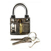 A detailed, metallic practice padlock with a key and several keys displayed on a white background.