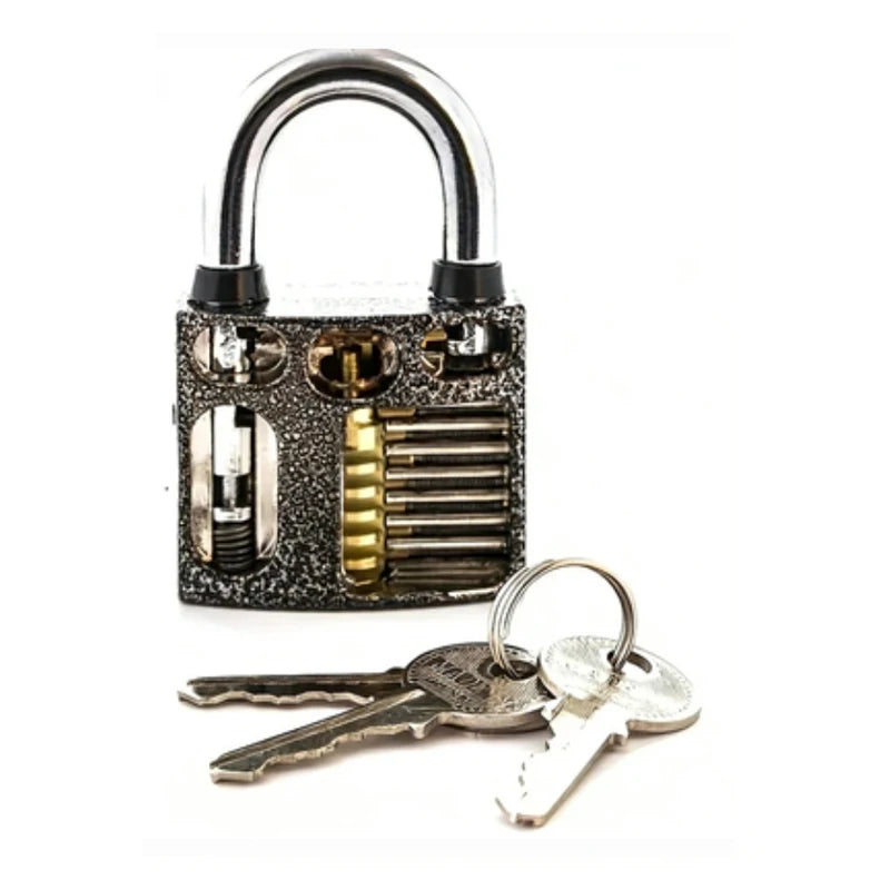 A detailed, metallic practice padlock with a key and several keys displayed on a white background.