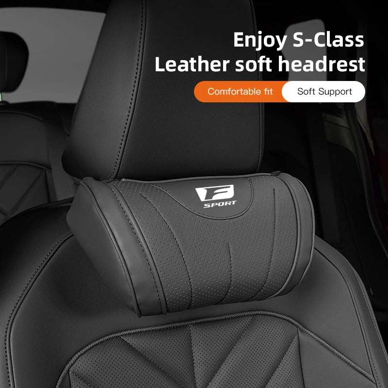 A black leather S-Class soft headrest neck pillow is shown in a car seat context.