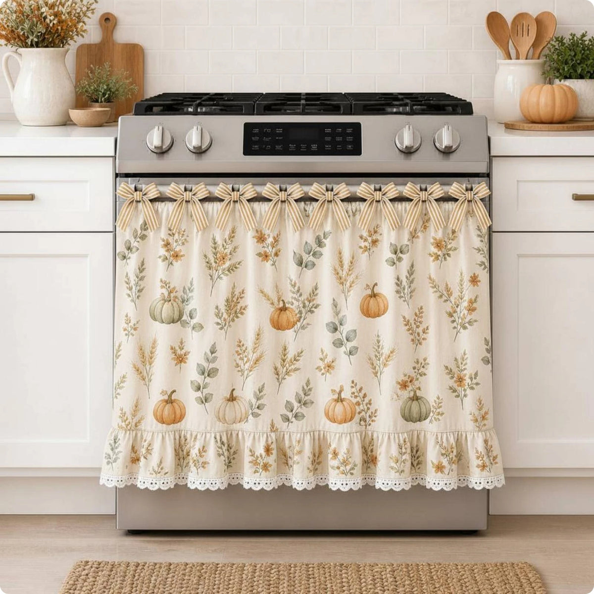 A stainless steel oven featuring a floral fabric skirt with a ruffle trim and natural greenery details.