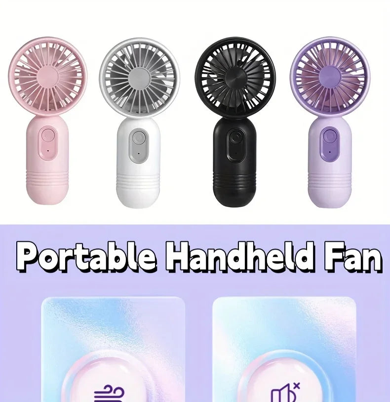 Four versions of a portable handheld fan in pink, silver, black, and purple colors shown with rotating blades.