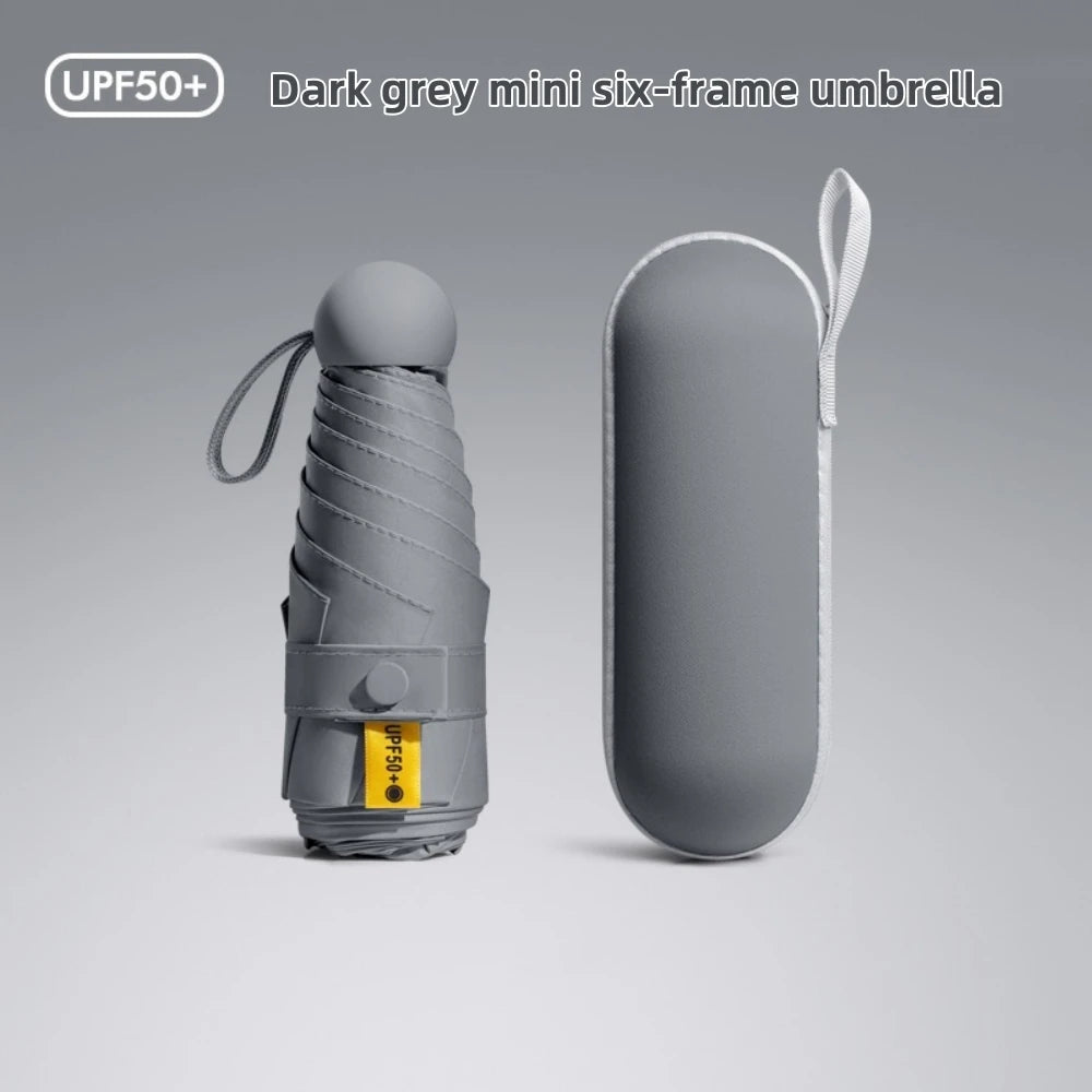 A dark grey mini six-frame umbrella is shown in two views, highlighting its compact design and UV50+ protection.