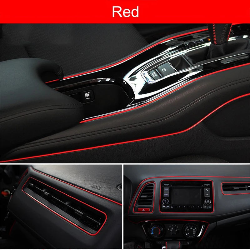 Close-up view of red flexible car interior trim strips and dashboard components.