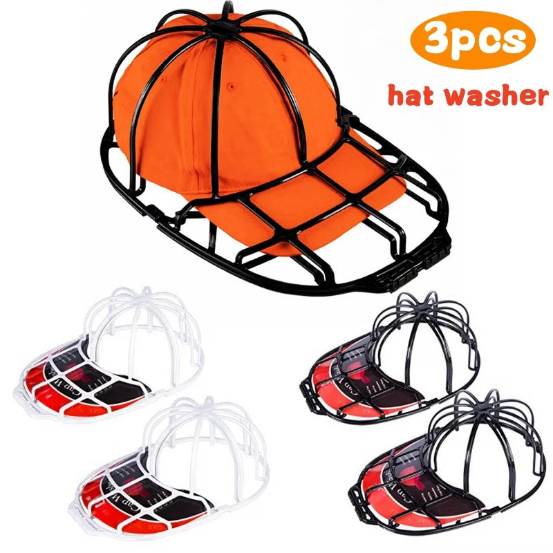 A set of three black and orange hat washing cages for baseball caps