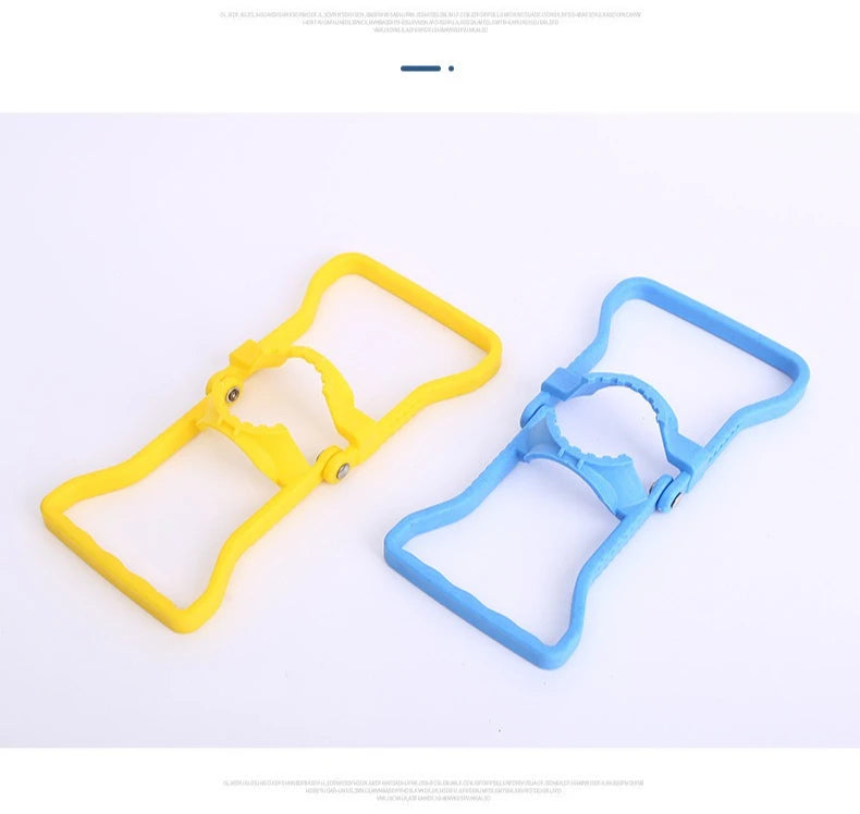 Two ergonomic water bucket and bottle carrier handles, one yellow and one blue.