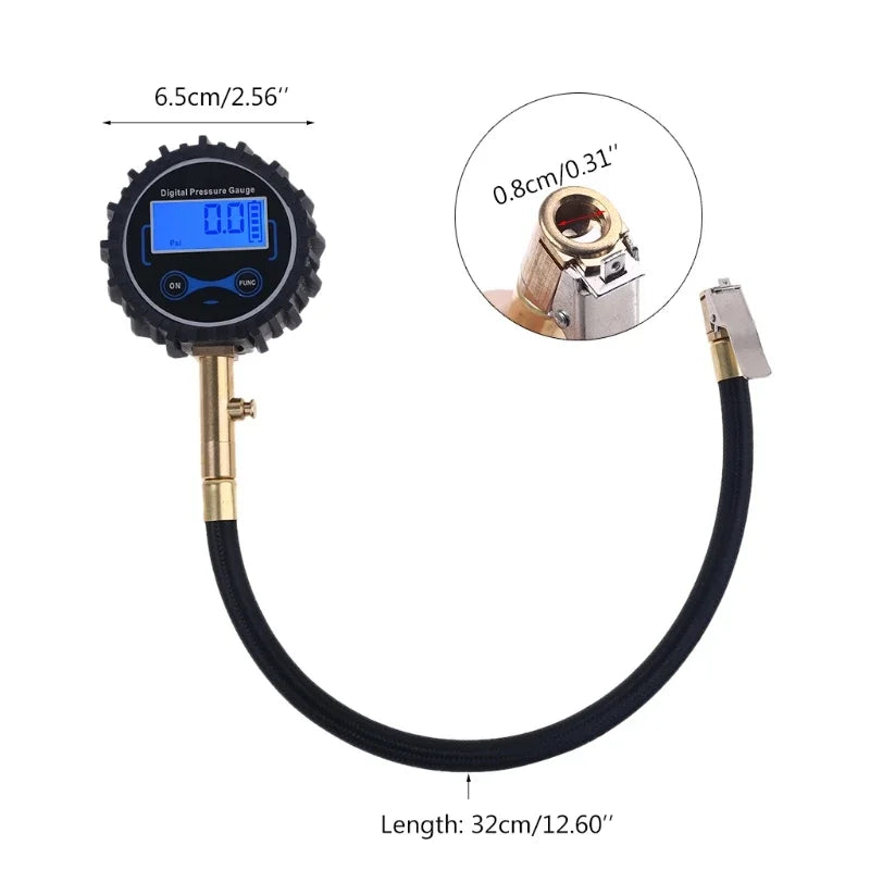 A black digital tire pressure gauge with a quick-connect air chuck and a flexible hose.