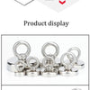 A set of silver fishing magnets with eyebolts and a round ring, shown in various angles.