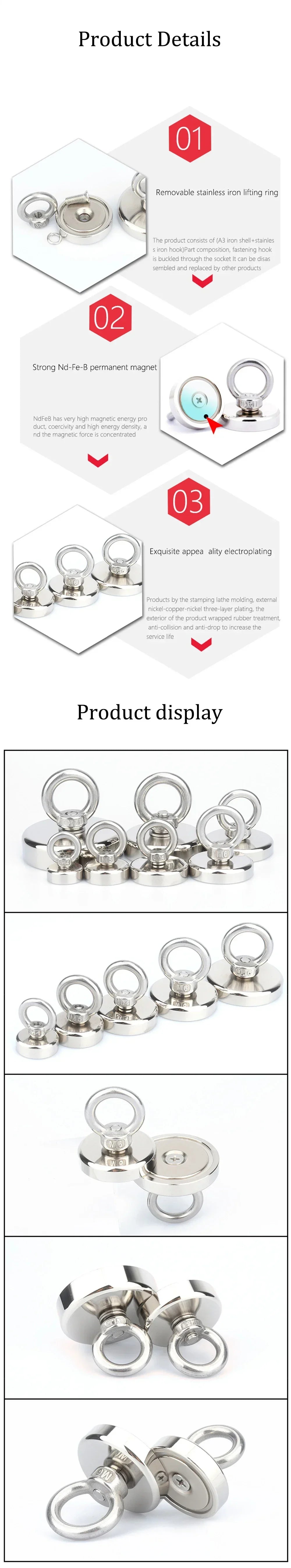 A set of silver fishing magnets with eyebolts and a round ring, shown in various angles.
