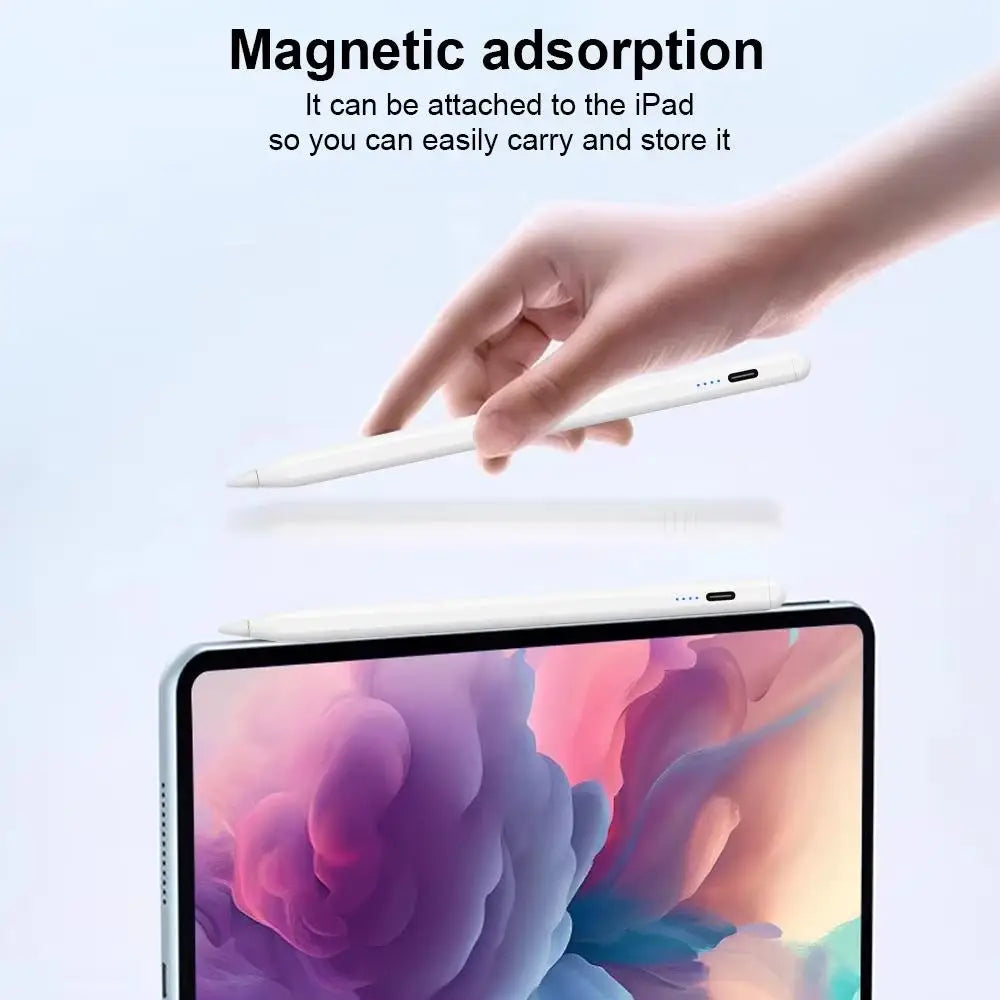 Eine Hand befestigt einen weißen Stift für magnetische Anheftung und Speicherung an ein iPad.