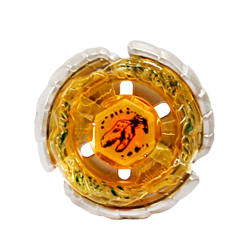 A pro-style alloy battle spinning top with a yellow-orange body and an orange hexagonal centerpiece featuring a silhouette of