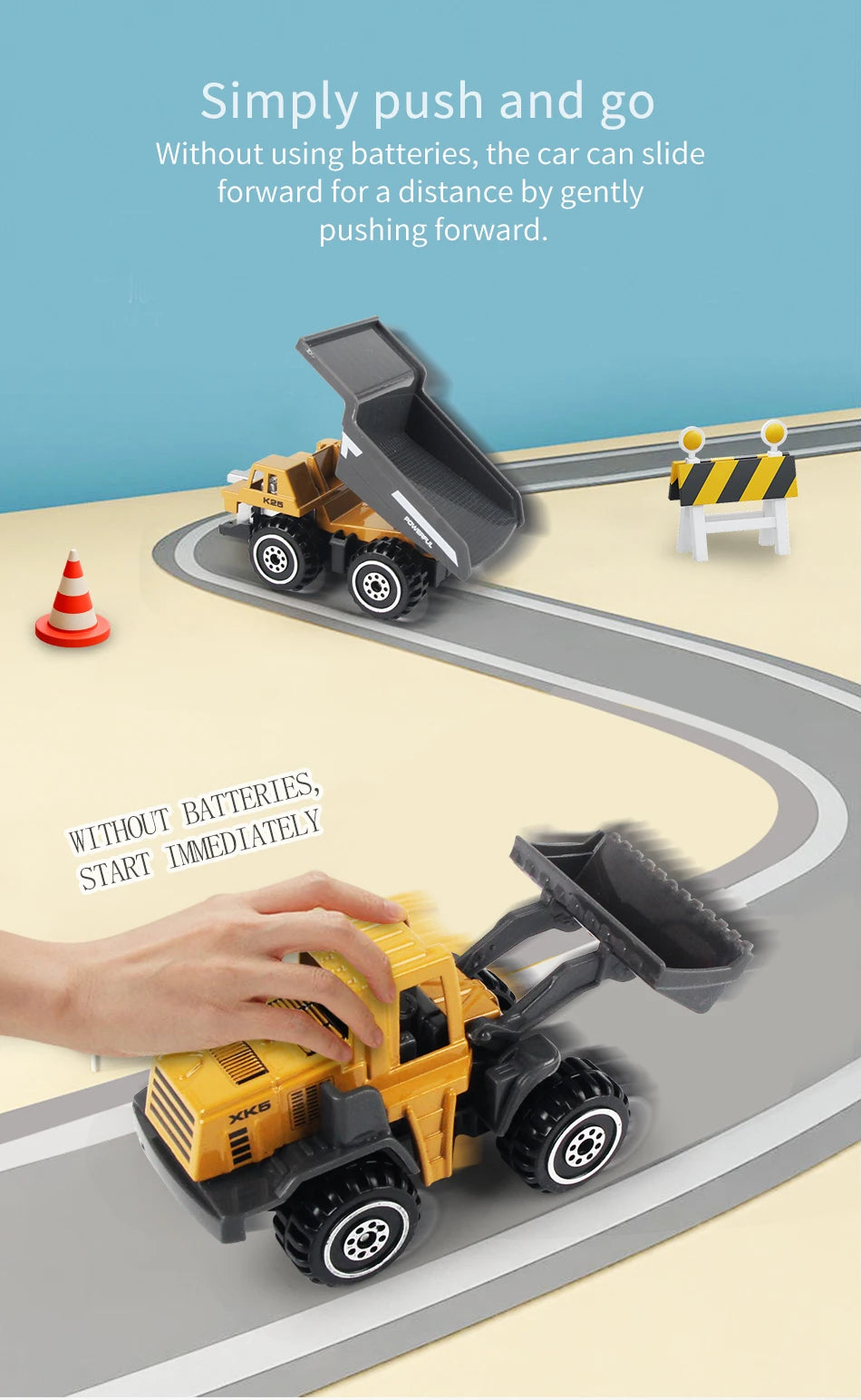 A yellow die-cast construction truck toy excavator is shown sliding forward on a track.