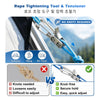 A heavy-duty rope tightening tool and tensioner with a reflective nylon rope shown in use for camping, hiking, and RV travel.