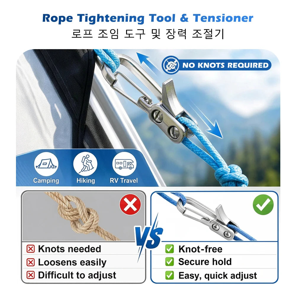 A heavy-duty rope tightening tool and tensioner with a reflective nylon rope shown in use for camping, hiking, and RV travel.