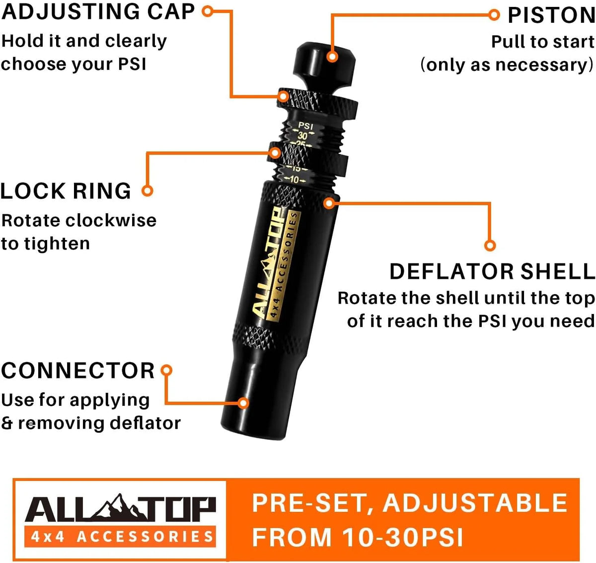 A black auto-stop tire deflator kit showing adjustment points for PSI, a lock ring, and a connector.