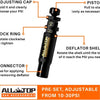 A black auto-stop tire deflator kit showing adjustment points for PSI, a lock ring, and a connector.