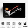 A black card holder with a red SRT logo design and various protective features listed below.