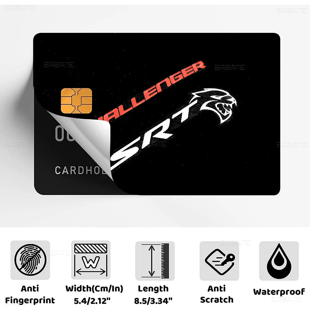 A black card holder with a red SRT logo design and various protective features listed below.