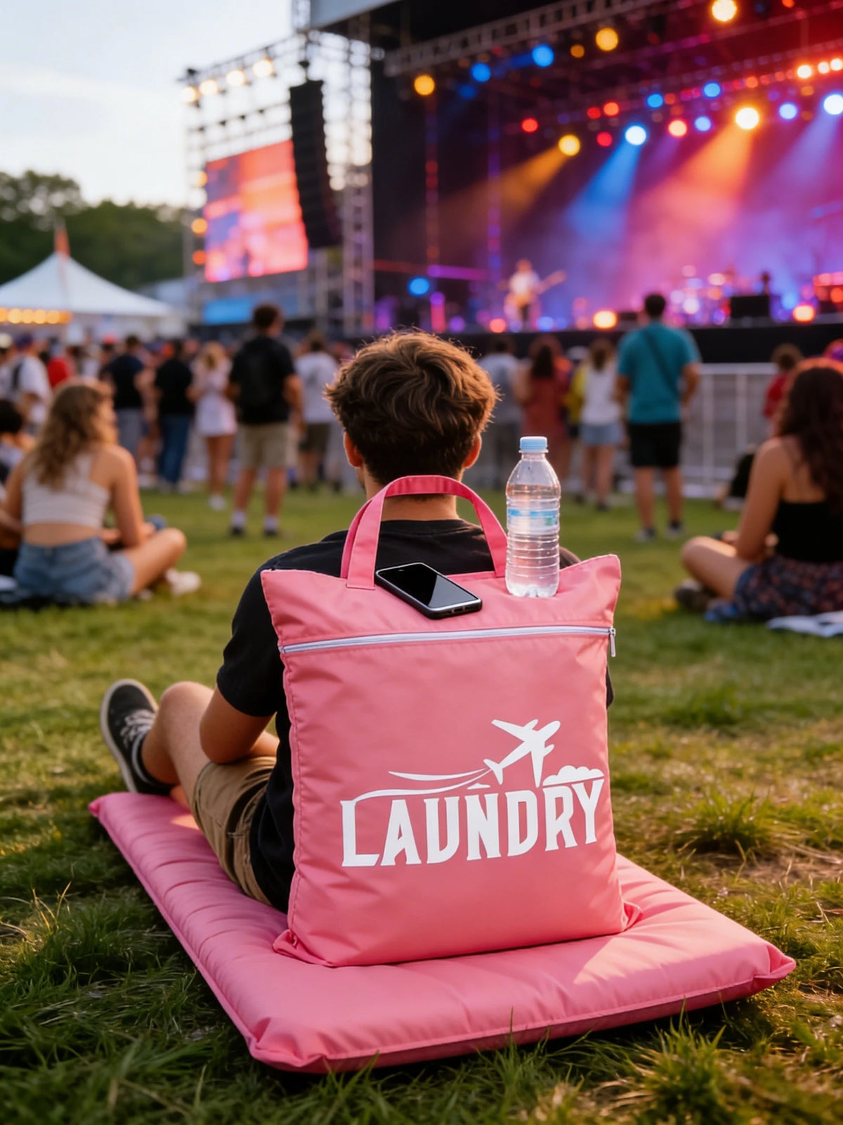 A pink laundry bag is placed on a pink mat on the grass in front of a concert stage.