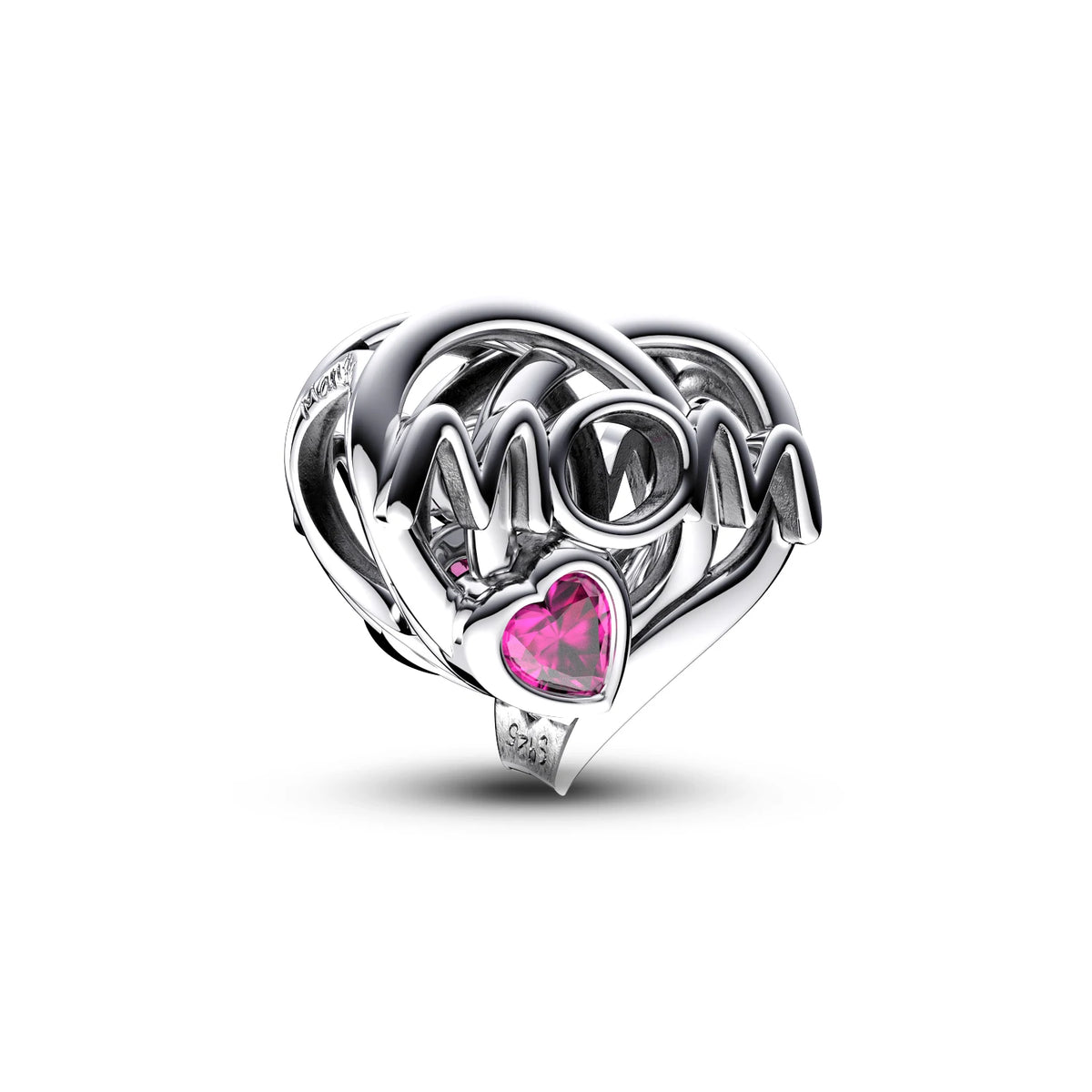 A silver charm set featuring a heart design encrusted with cubic zirconia stones.