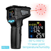 Black digital infrared thermometer with laser sighting feature displaying temperature and humidity.