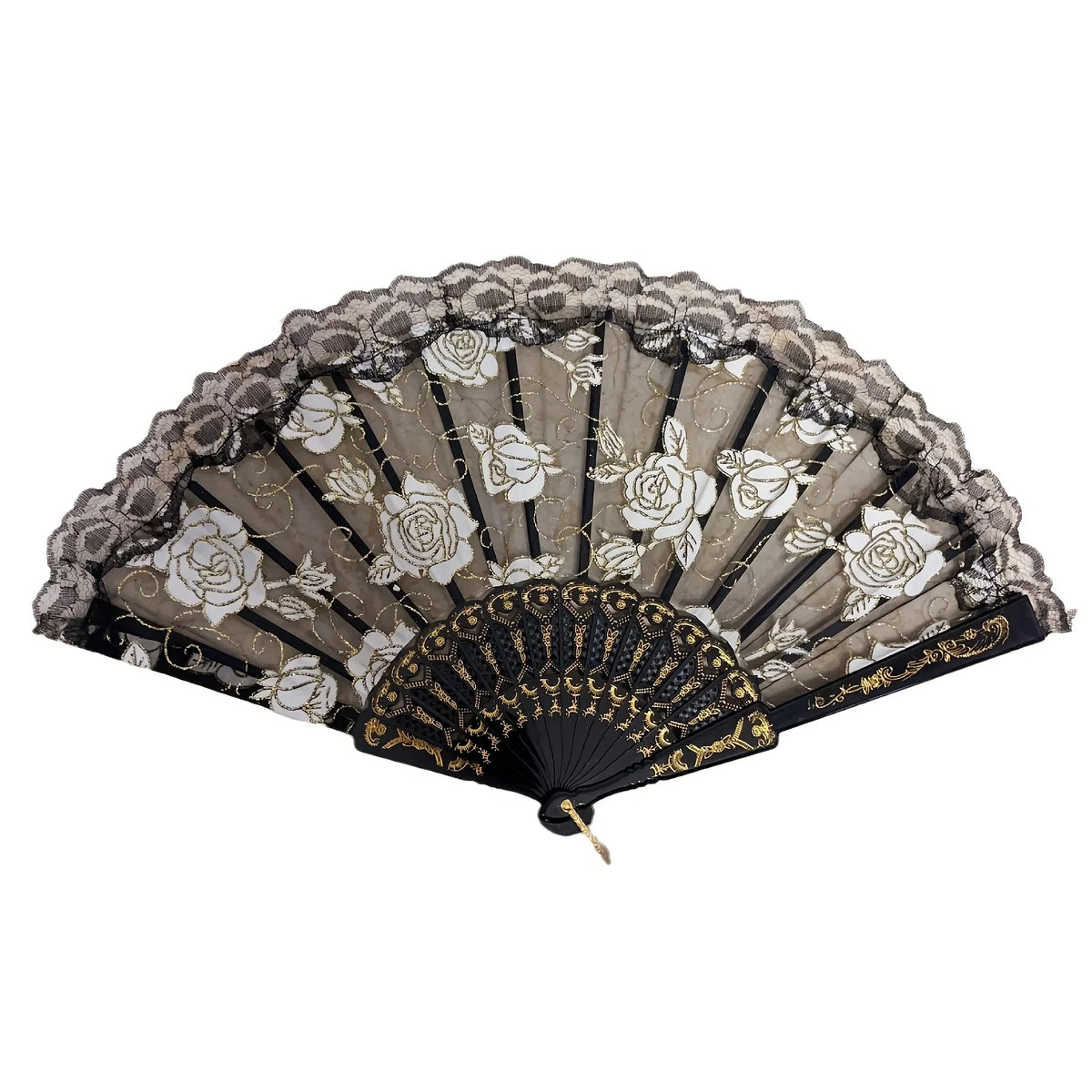 Elegant Lace Fabric Hand Fan with Floral Design