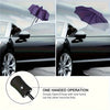 A purple umbrella is shown being operated by one hand on a car window, demonstrating a one-handed operation feature.