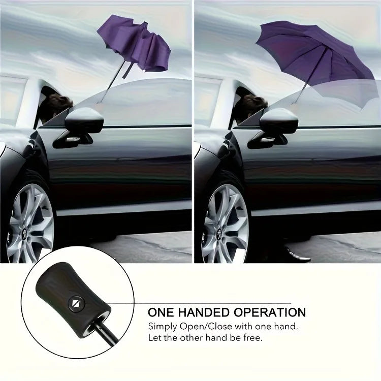 A purple umbrella is shown being operated by one hand on a car window, demonstrating a one-handed operation feature.