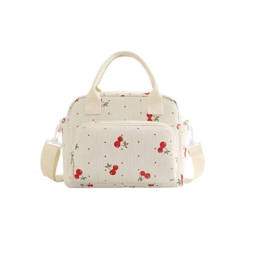 Strawberry Corduroy Insulated Lunch Bag with Large Capacity