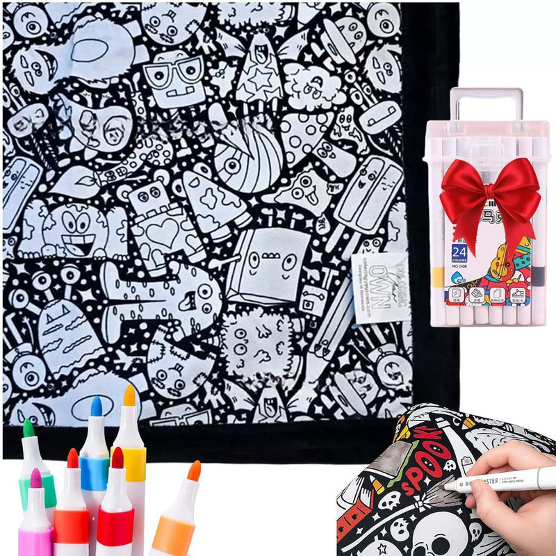 Reusable Fleece Coloring Blanket with 24 Washable Markers