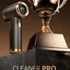 A sleek black cordless handheld vacuum cleaner labeled Cleaner Pro displayed next to a gold trophy.