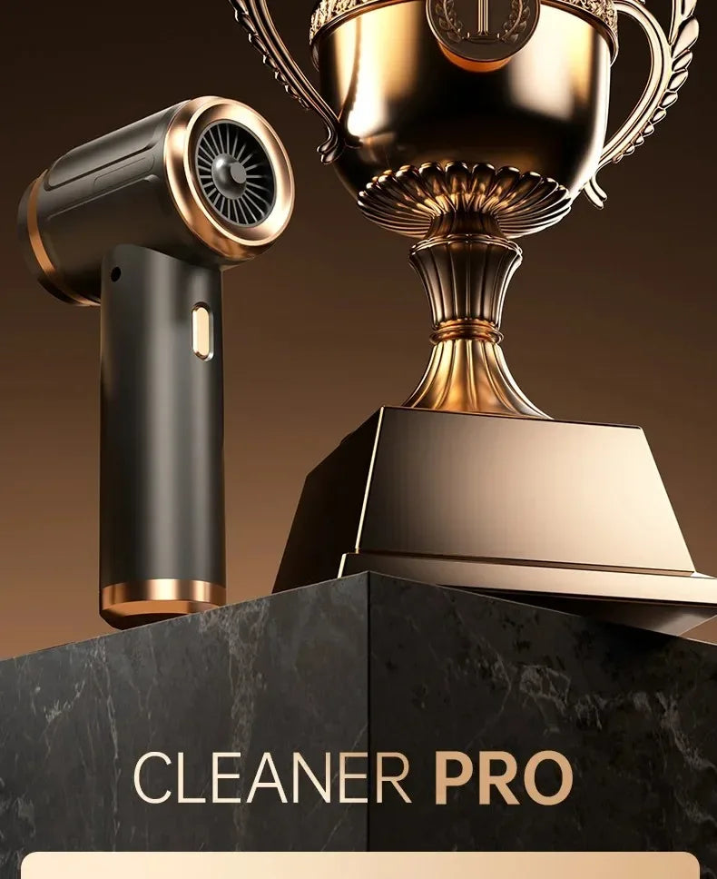 A sleek black cordless handheld vacuum cleaner labeled Cleaner Pro displayed next to a gold trophy.