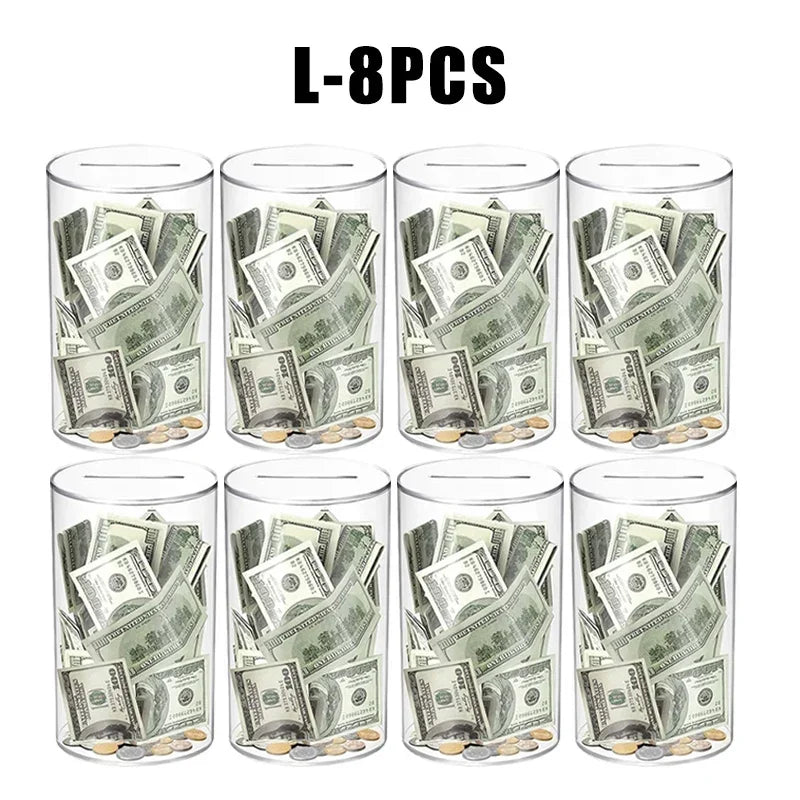 Eight clear acrylic piggy banks filled with US currency bills and coins.