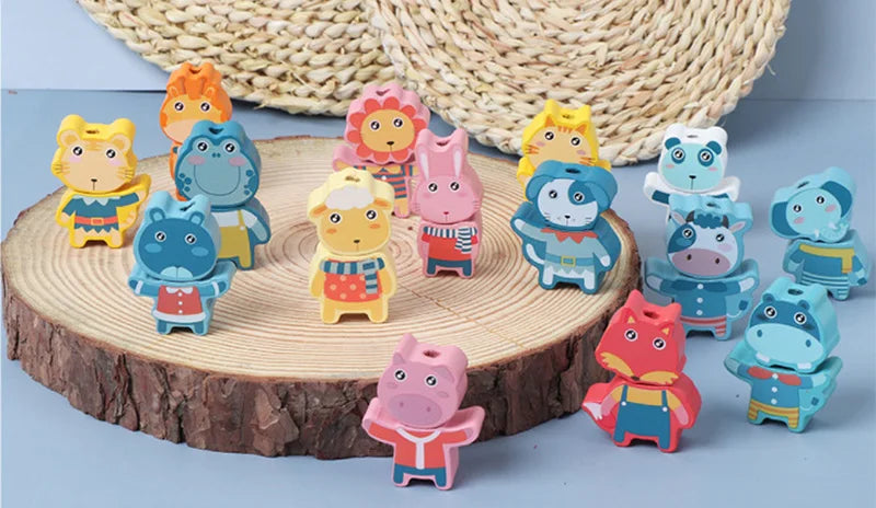 Wooden Lacing Beads Set for Kids with Animal, Fruit, Letter & Number Shapes