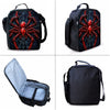 A black spider-themed backpack set including a main bag, lunch bag, and pencil case.