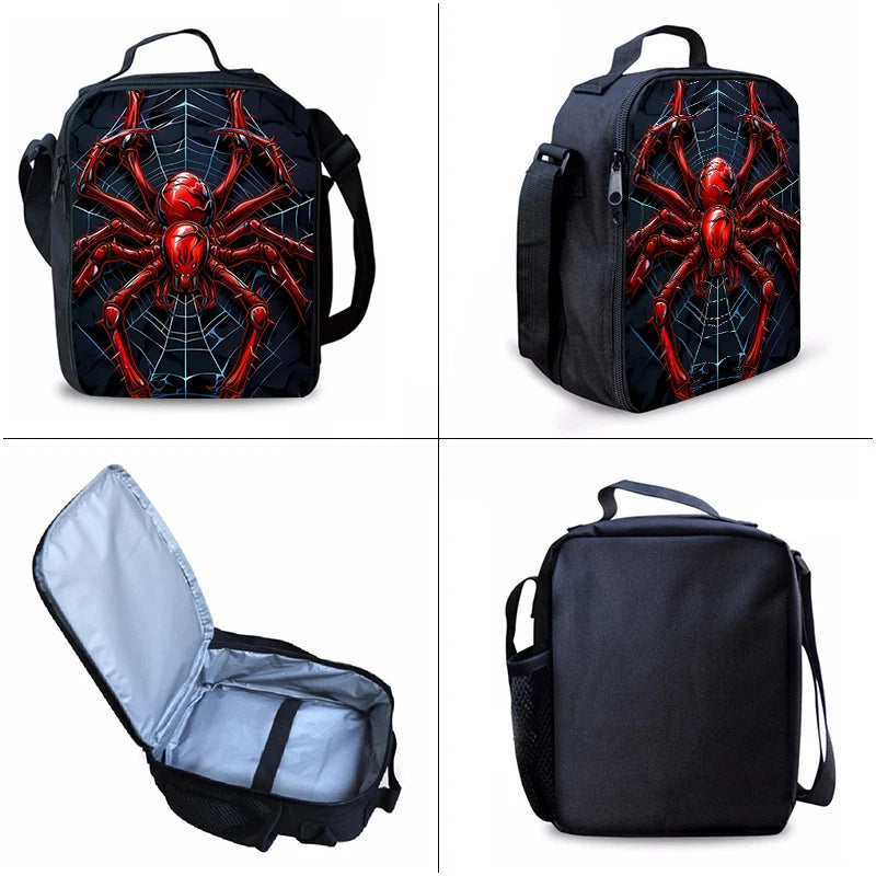 A black spider-themed backpack set including a main bag, lunch bag, and pencil case.
