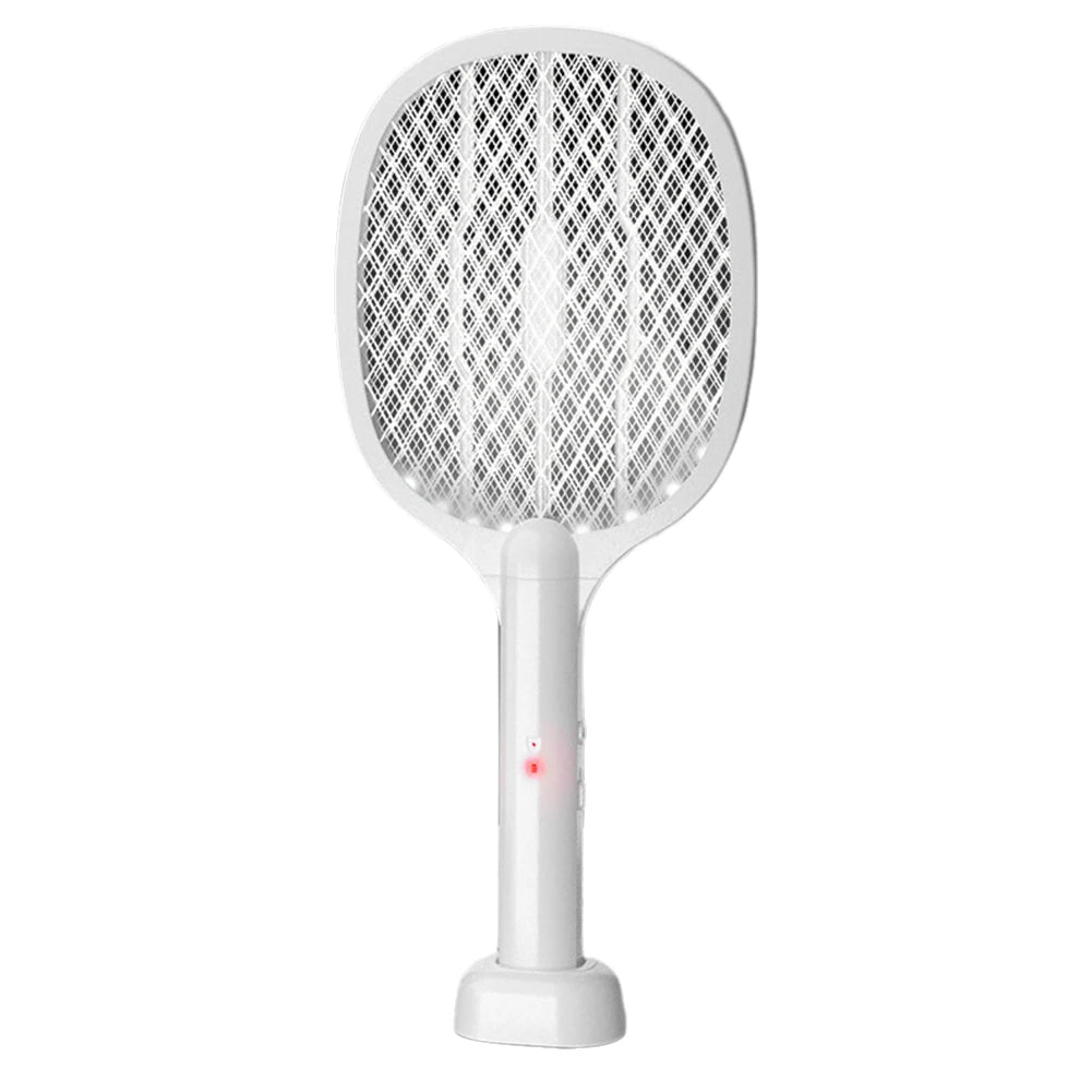 A white rechargeable electric fly swatter and mosquito trap lamp with a perforated mesh head.