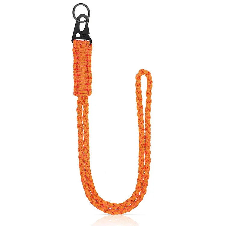 Orange paracord neck lanyard with a metal clip hanging down