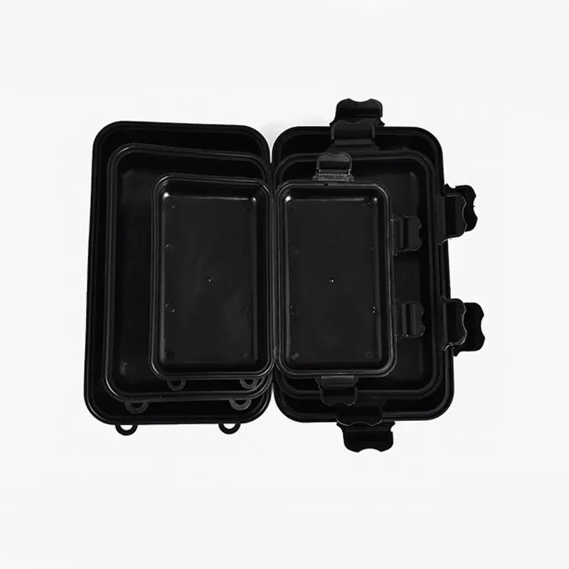 Black waterproof sealed storage box with a hinged lid for outdoor adventures