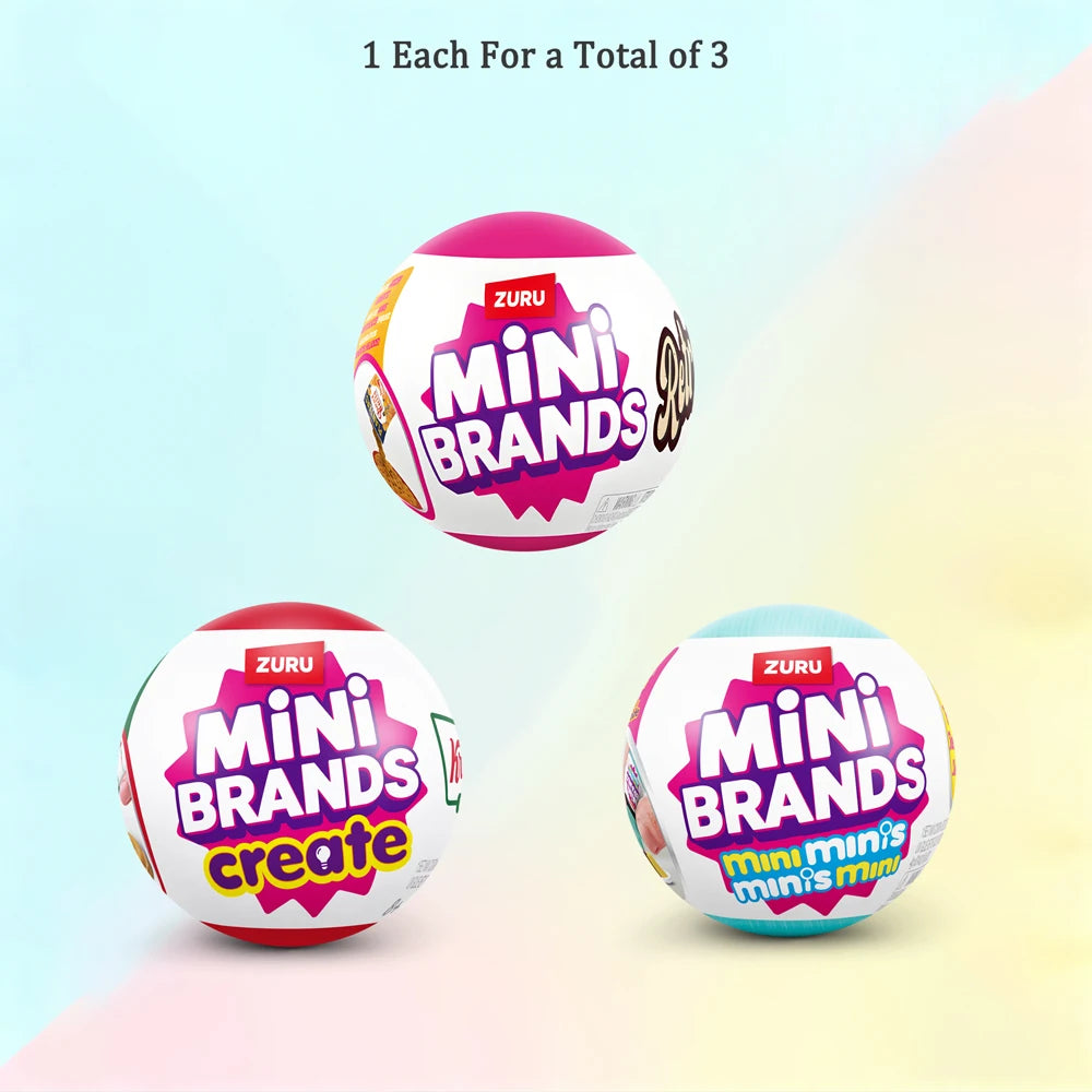 Three Zuru Mini Brands create collectible balls in pink, purple, and light blue colors.
