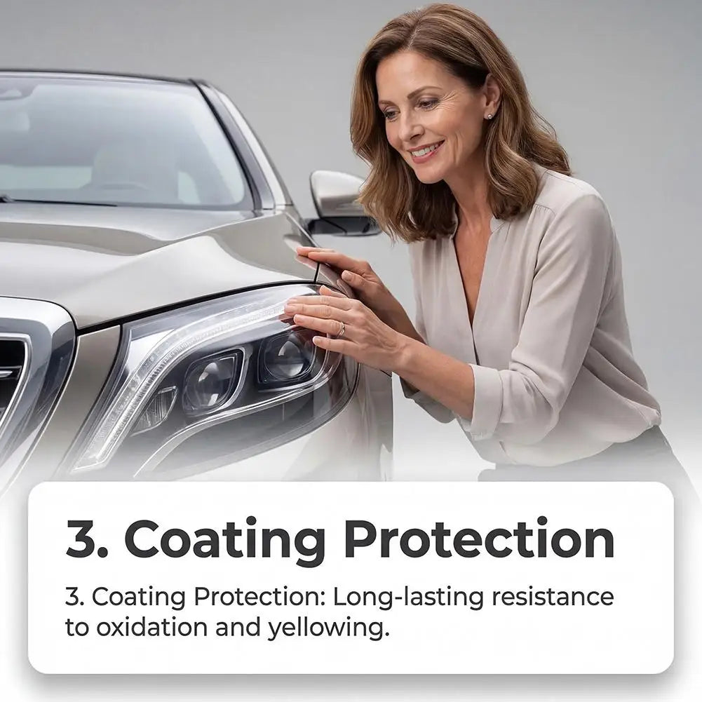 A woman is applying a coating protection treatment to the headlight of a silver car.