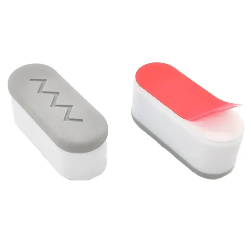 A set of four silicone toilet seat bumpers with anti-slip and noise-reducing gaskets, featuring white and red components.