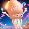 A pink interactive dancing octopus toy with tentacles is shown against a dark blue, sparkling background.