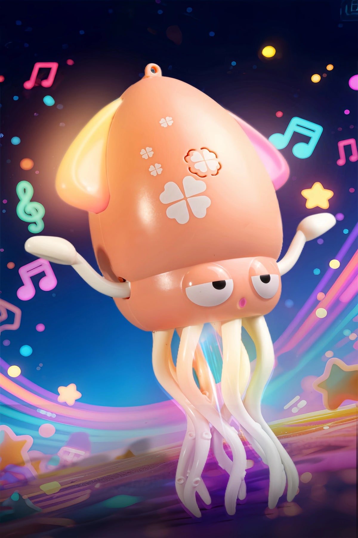 A pink interactive dancing octopus toy with tentacles is shown against a dark blue, sparkling background.