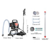 A high-efficiency airless paint sprayer kit showing the main unit, hoses, gauges, wrenches, and cleaning brush.