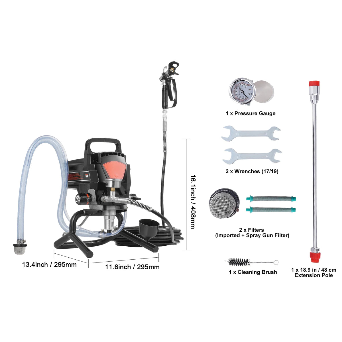 A high-efficiency airless paint sprayer kit showing the main unit, hoses, gauges, wrenches, and cleaning brush.
