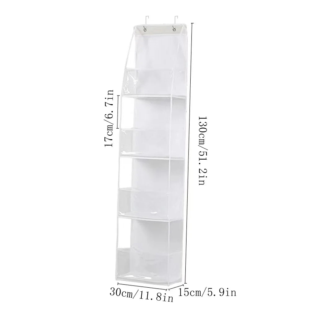 Over-the-door hanging organizer with clear compartments, designed for storage.
