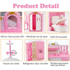 A pink dollhouse furniture set featuring mirrors, a wardrobe, a toilet lid, a faucet, a refrigerator door, and kitchenware ho